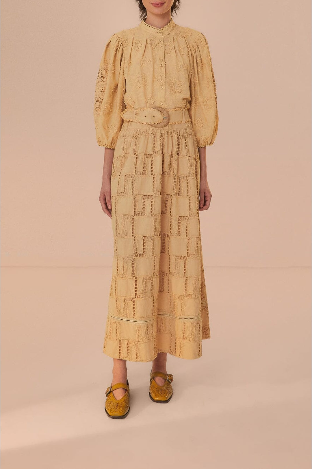 Jupe midi en crochet en coton - Beige