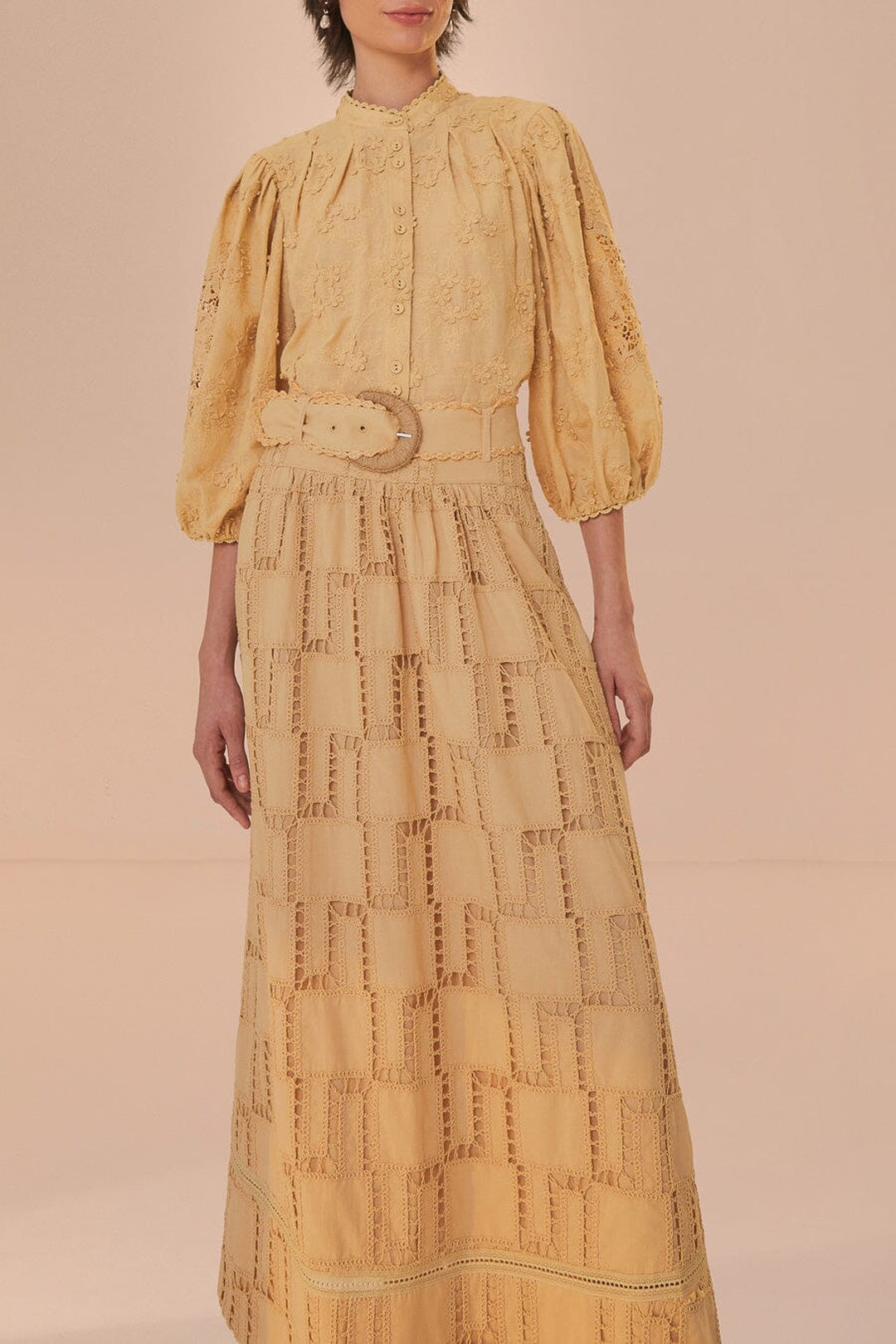 Jupe midi en crochet en coton - Beige