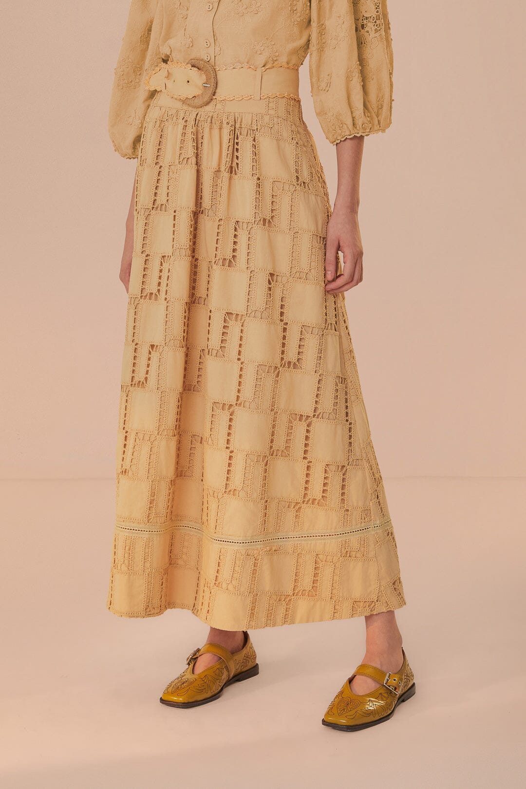 Jupe midi en crochet en coton - Beige