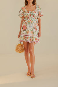 Robe courte Jardin en fleurs à manches courtes en coton - Blanc