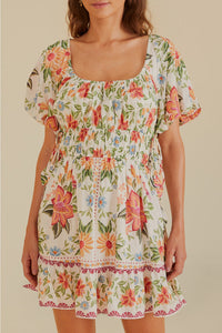 Robe courte Jardin en fleurs à manches courtes en coton - Blanc