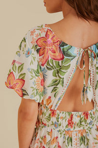 Robe courte Jardin en fleurs à manches courtes en coton - Blanc