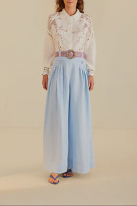Pantalon taille haute plissé en lin - Bleu