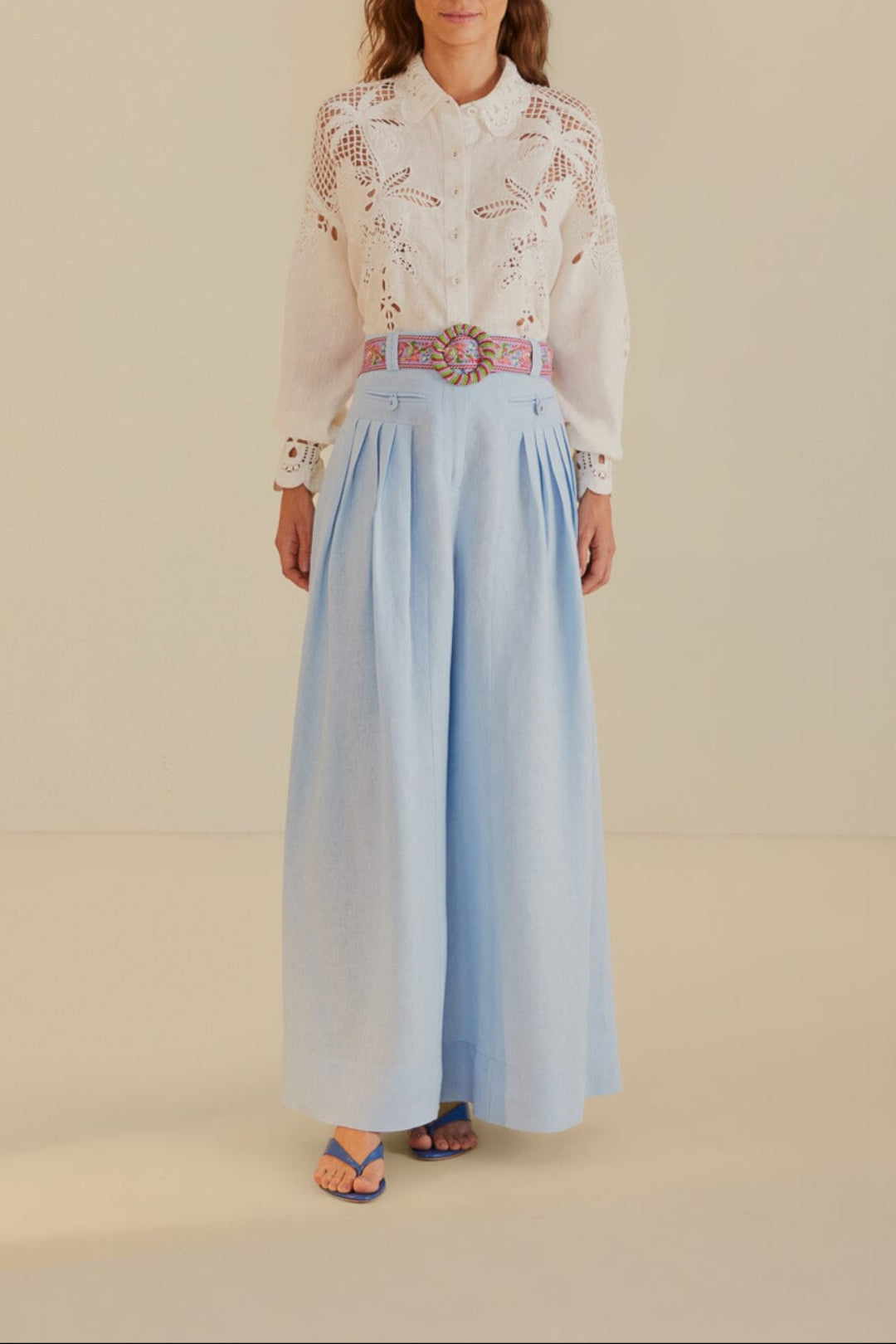 Pantalon taille haute plissé en lin - Bleu
