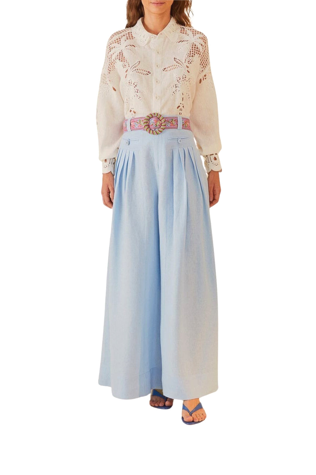 Pantalon taille haute plissé en lin - Bleu
