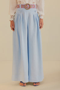 Pantalon taille haute plissé en lin - Bleu