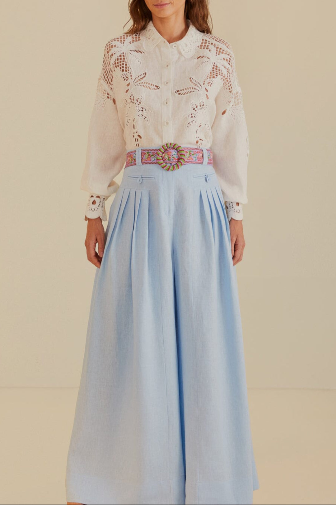 Pantalon taille haute plissé en lin - Bleu