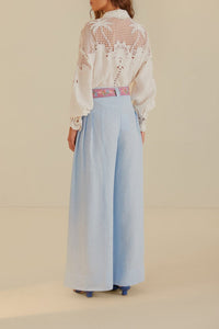 Pantalon taille haute plissé en lin - Bleu
