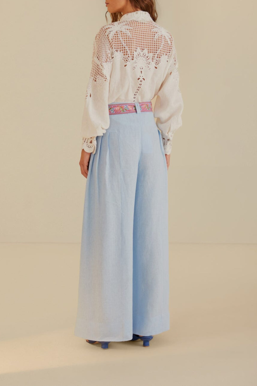 Pantalon taille haute plissé en lin - Bleu