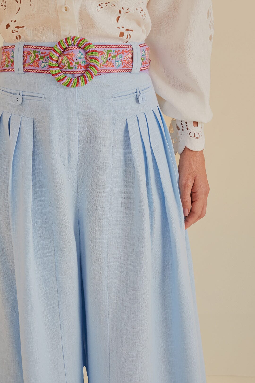 Pantalon taille haute plissé en lin - Bleu