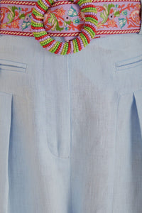 Pantalon taille haute plissé en lin - Bleu