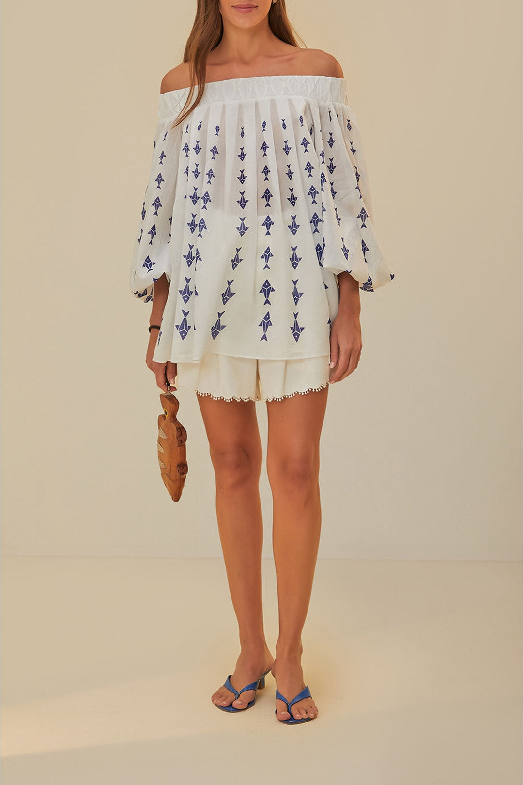 Blouse Graphic Fishes à épaules dénudées en coton - Blanc
