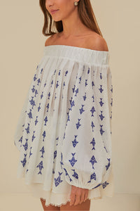 Blouse Graphic Fishes à épaules dénudées en coton - Blanc