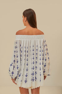 Blouse Graphic Fishes à épaules dénudées en coton - Blanc