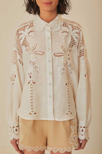 Chemise Richelieu à manches longues en lin - Blanc