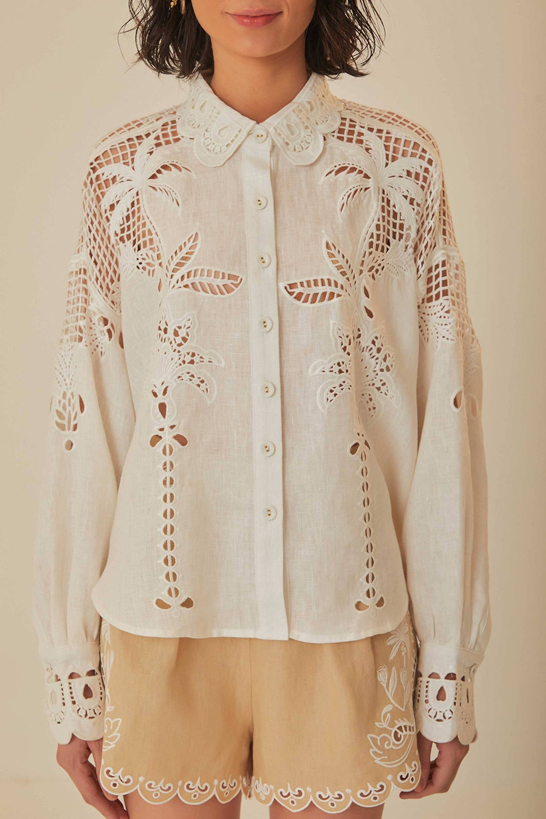 Chemise Richelieu à manches longues en lin - Blanc