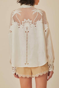 Chemise Richelieu à manches longues en lin - Blanc