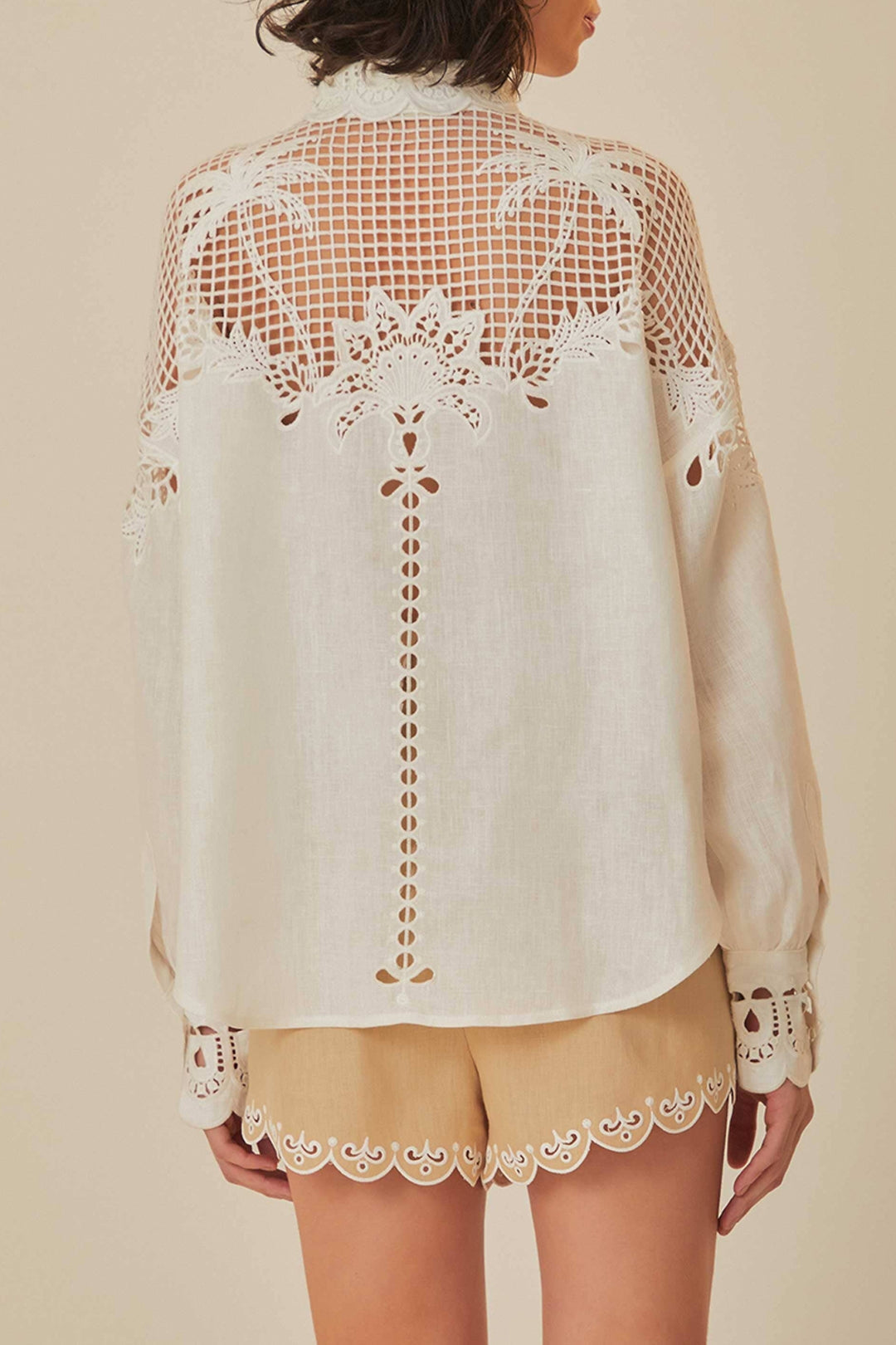 Chemise Richelieu à manches longues en lin - Blanc