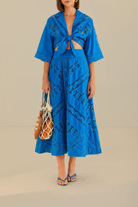 Jupe midi Richelieu rayée en coton - Bleu