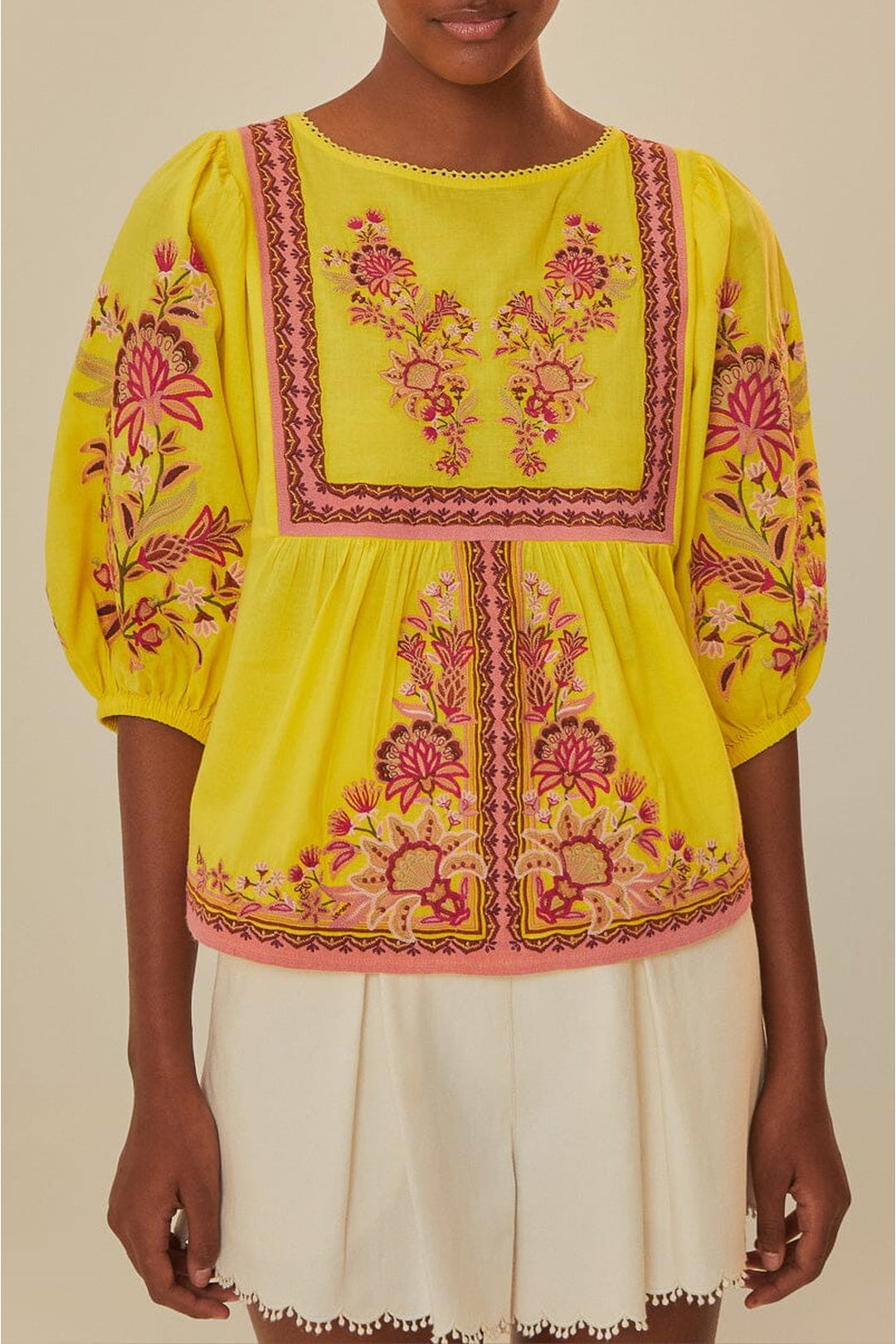Blouse brodée Garden Tapestry en coton - Jaune