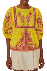 Blouse brodée Garden Tapestry en coton - Jaune