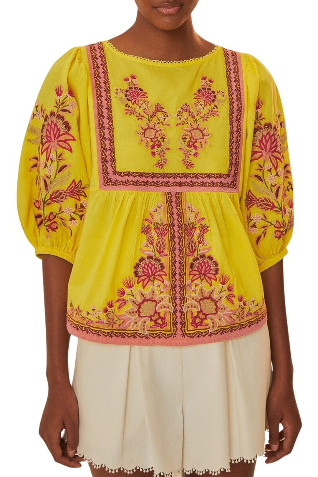 Blouse brodée Garden Tapestry en coton - Jaune