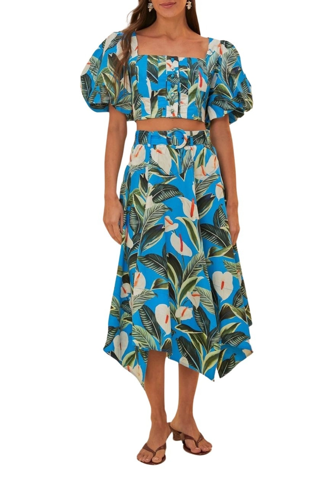 Jupe midi asymétrique Jardin anthurium en coton - Bleu