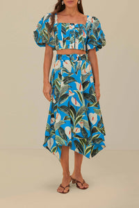 Jupe midi asymétrique Jardin anthurium en coton - Bleu