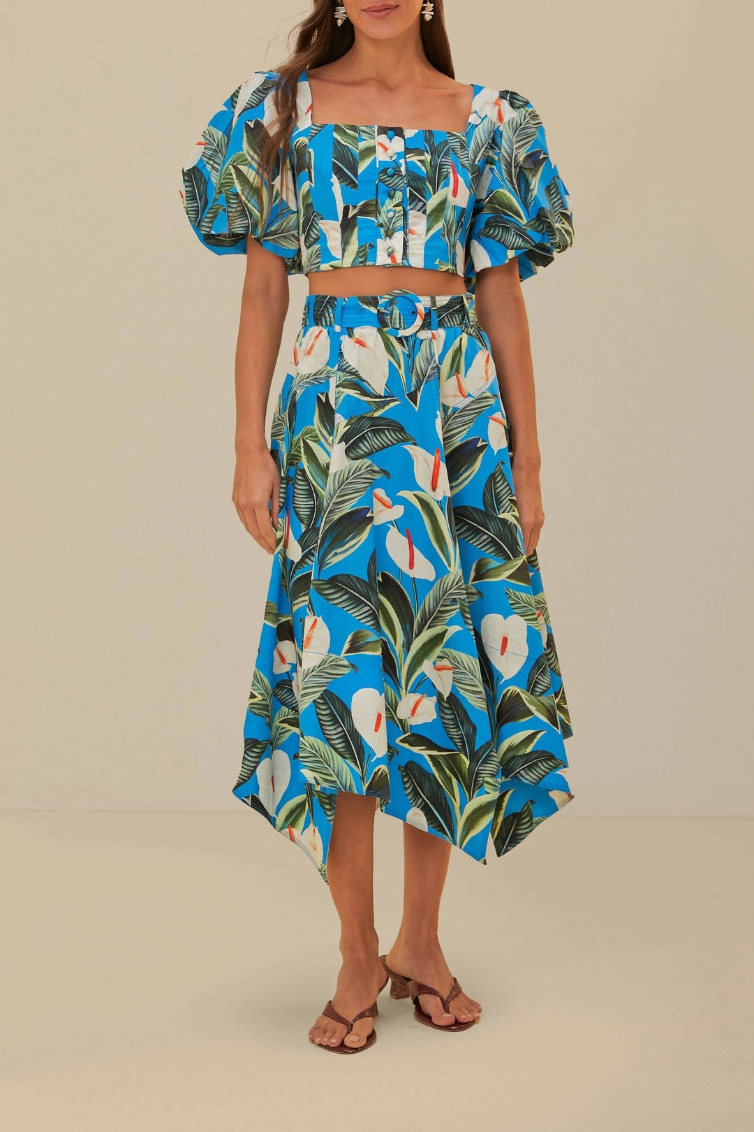 Jupe midi asymétrique Jardin anthurium en coton - Bleu