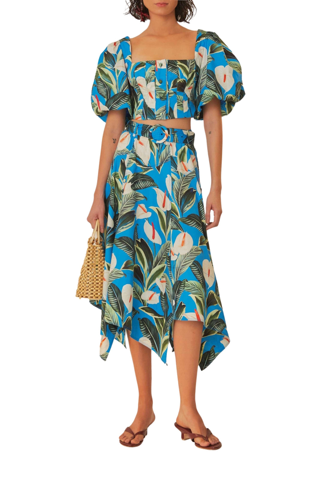 Blouse courte Garden Anthurium en coton - Bleu