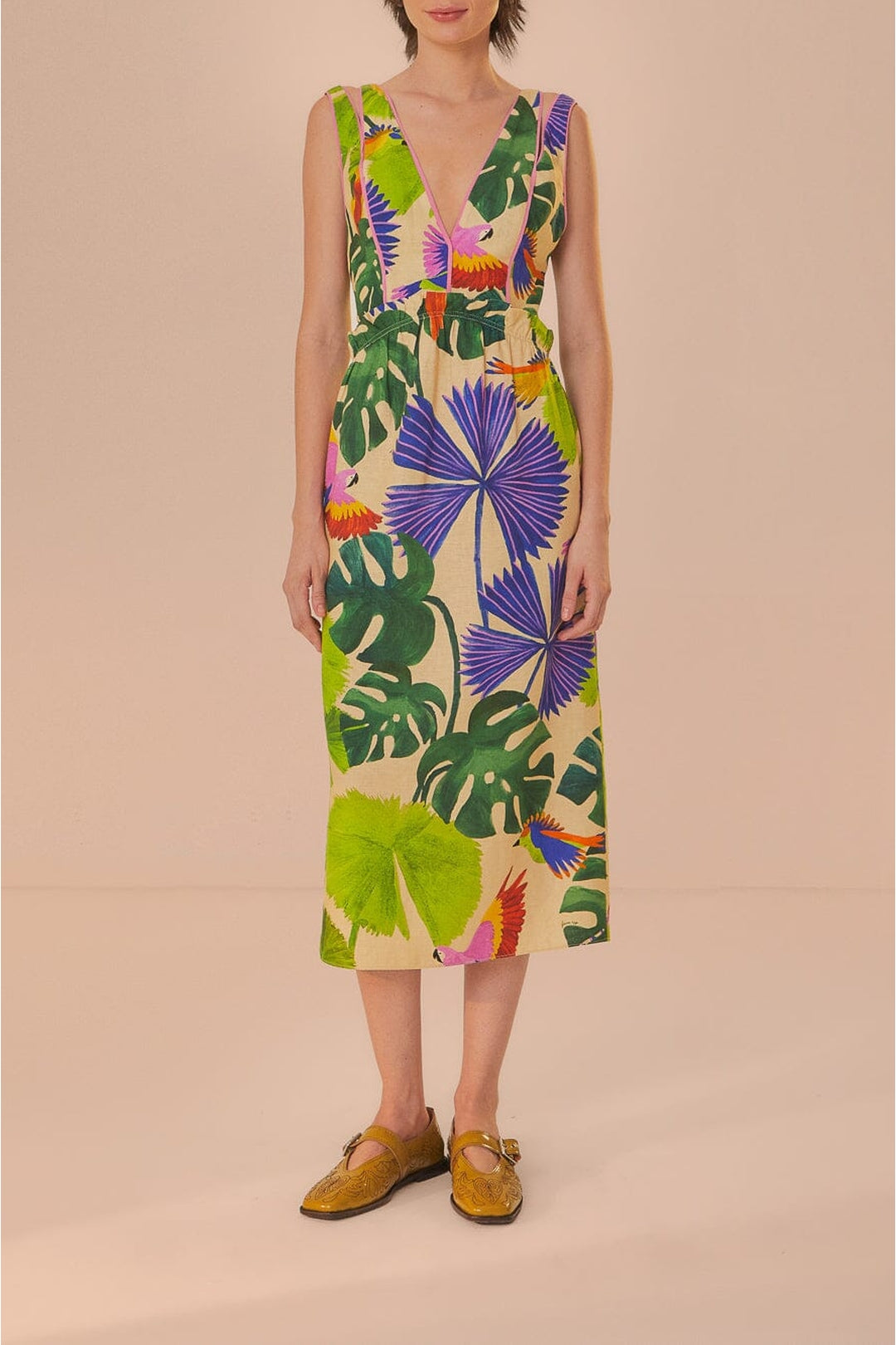 Robe midi Macaw Jungle à encolure en V en lin - Violet