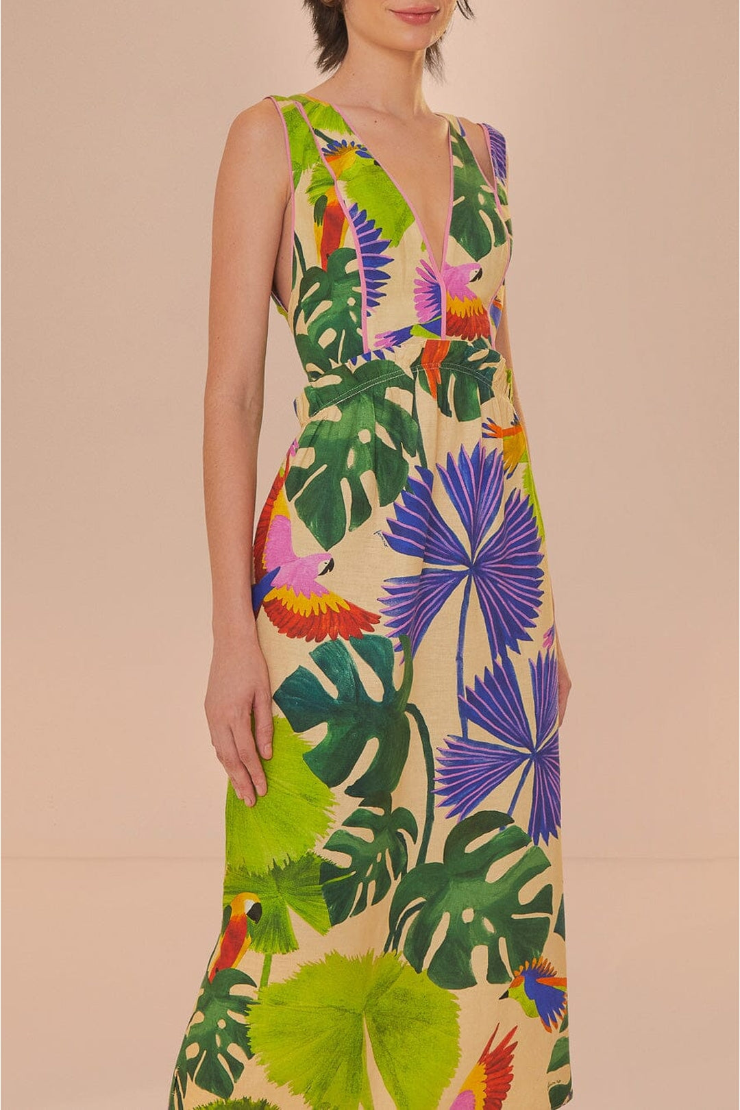 Robe midi Macaw Jungle à encolure en V en lin - Violet