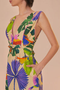 Robe midi Macaw Jungle à encolure en V en lin - Violet