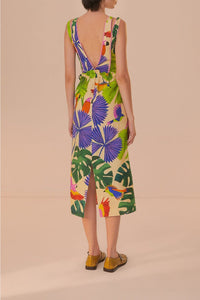 Robe midi Macaw Jungle à encolure en V en lin - Violet