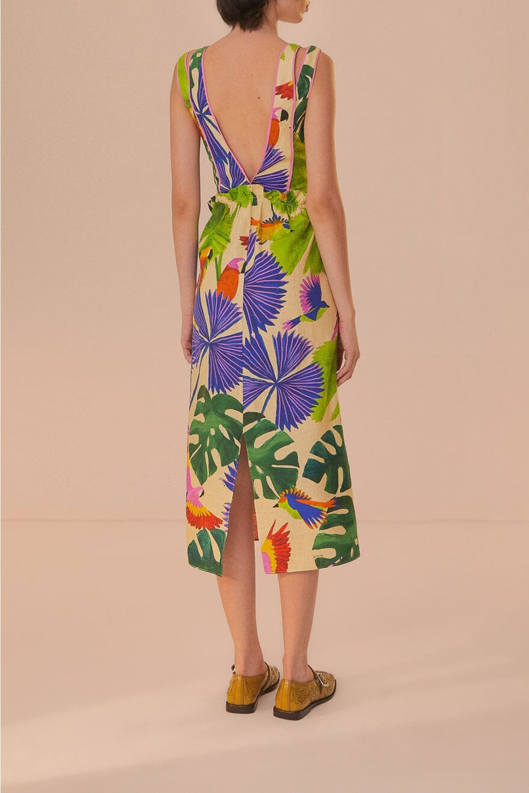 Robe midi Macaw Jungle à encolure en V en lin - Violet
