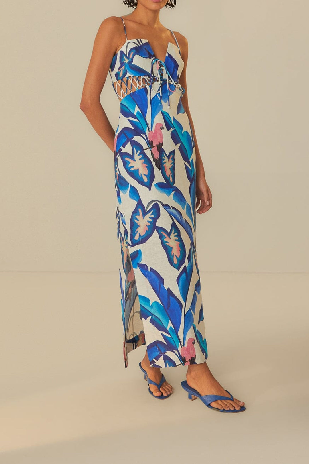 Robe longue à motifeuillage en lin - Bleu