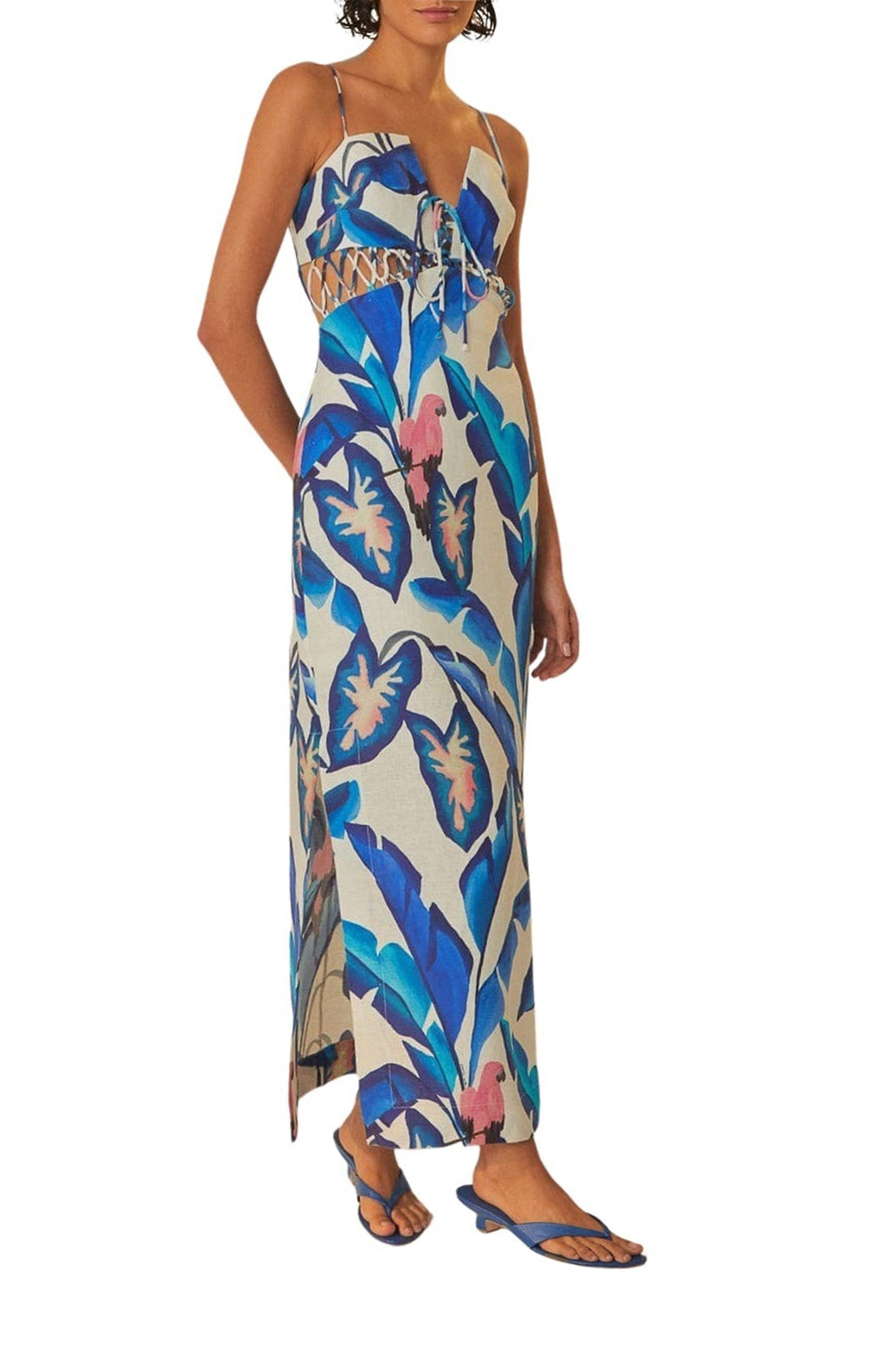 Robe longue à motifeuillage en lin - Bleu
