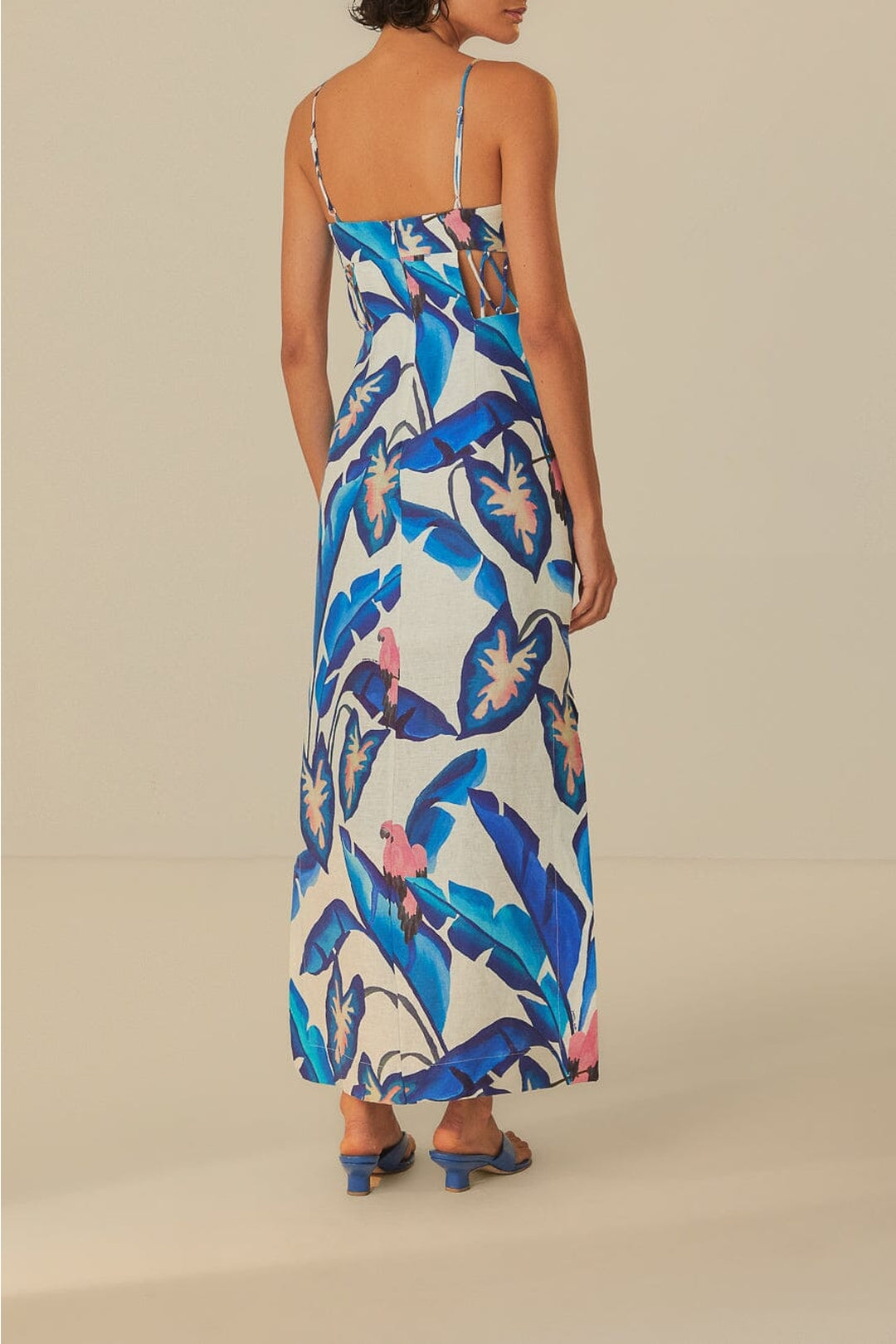 Robe longue à motifeuillage en lin - Bleu