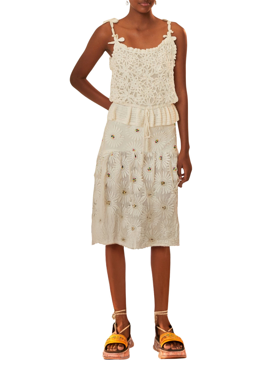 Top à fleurs crocheté en coton - Blanc