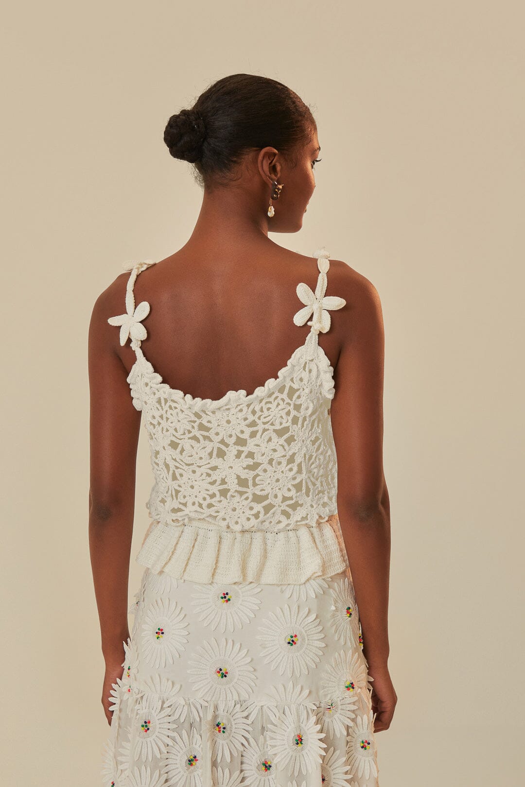 Top à fleurs crocheté en coton - Blanc