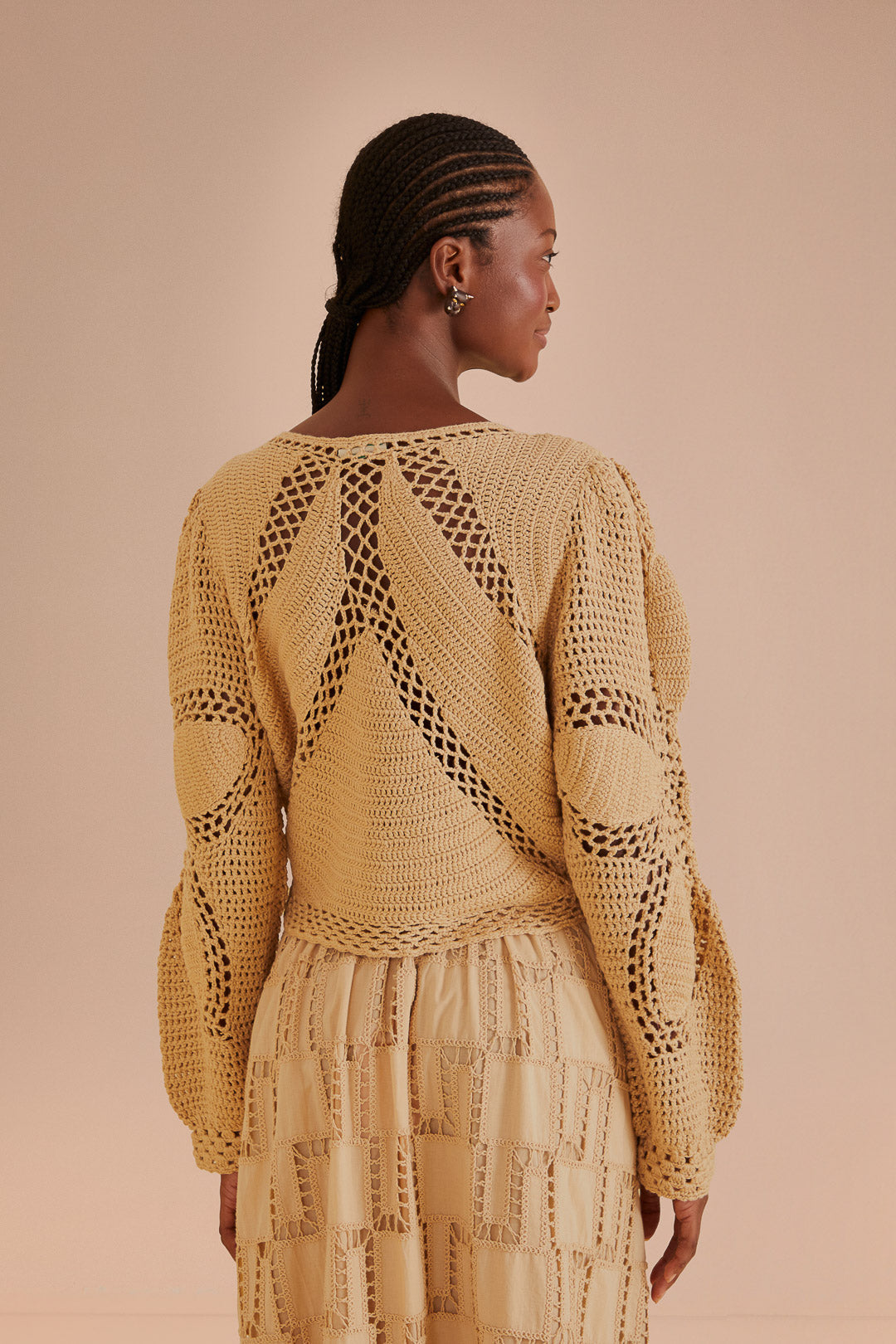 Cardigan crocheté à fleurs - Beige