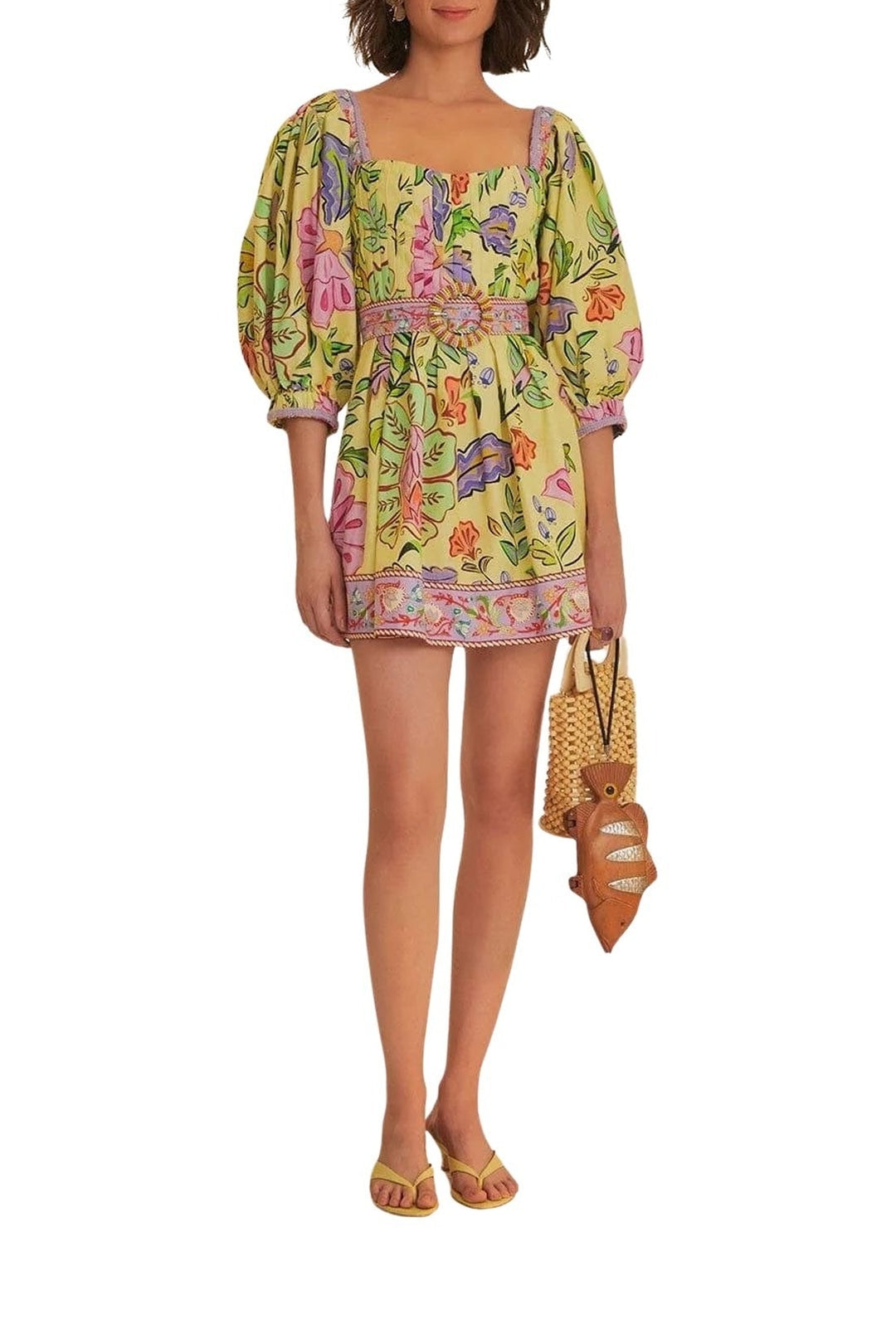 Robe courte manches courtes en coton - Jaune