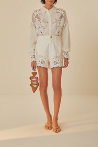 Chemise Richelieu à manches longues en lin - Blanc