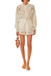 Chemise Richelieu à manches longues en lin - Blanc