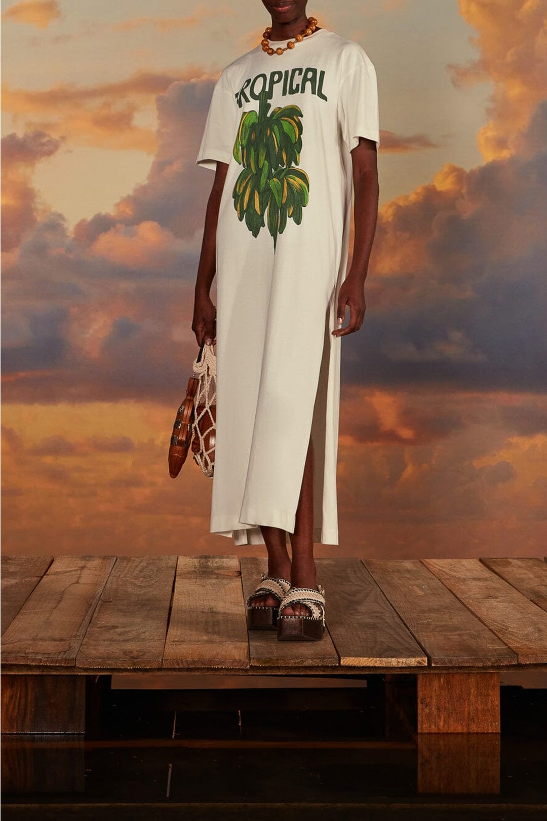 Robe longue Tropicale façon t-shirt en coton - Blanc