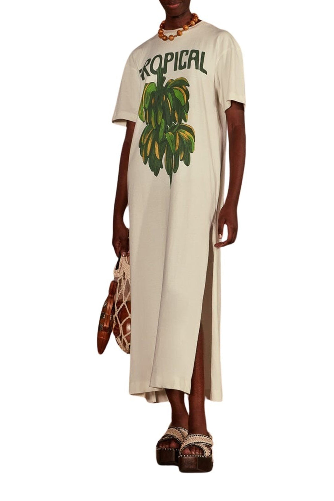 Robe longue Tropicale façon t-shirt en coton - Blanc