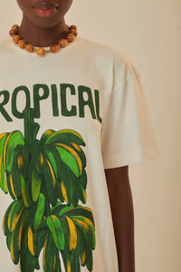 Robe longue Tropicale façon t-shirt en coton - Blanc