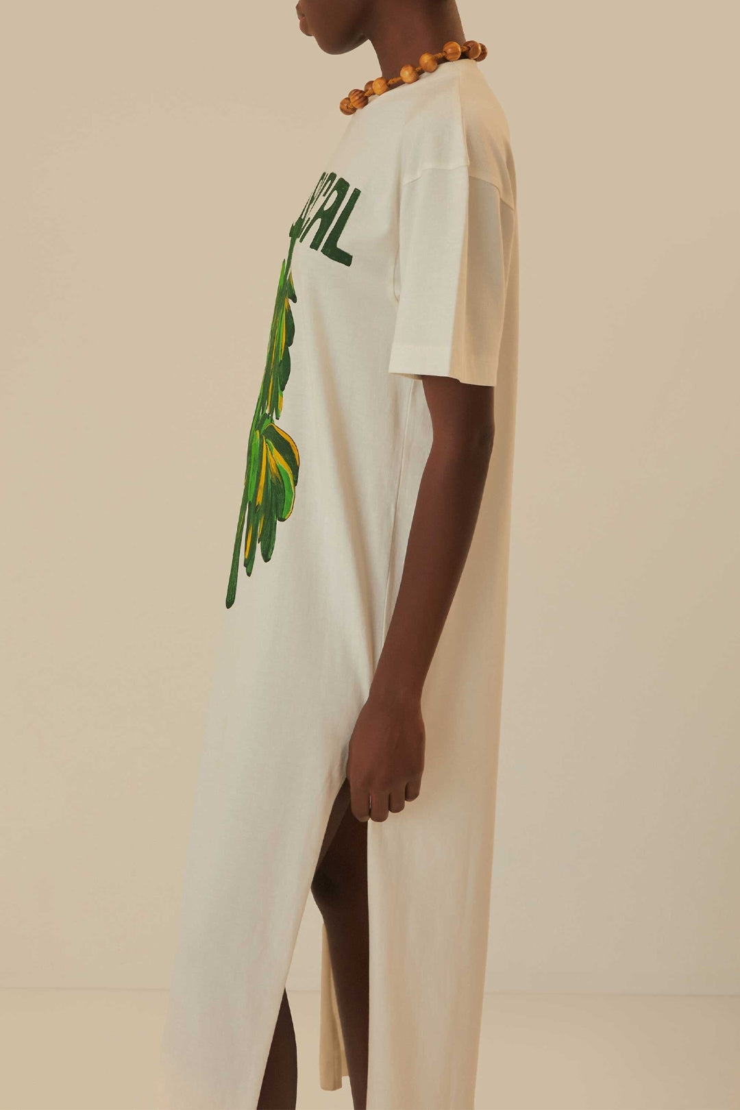 Robe longue Tropicale façon t-shirt en coton - Blanc