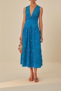 Robe longue à fleurs et décolleté en coton - Bleu