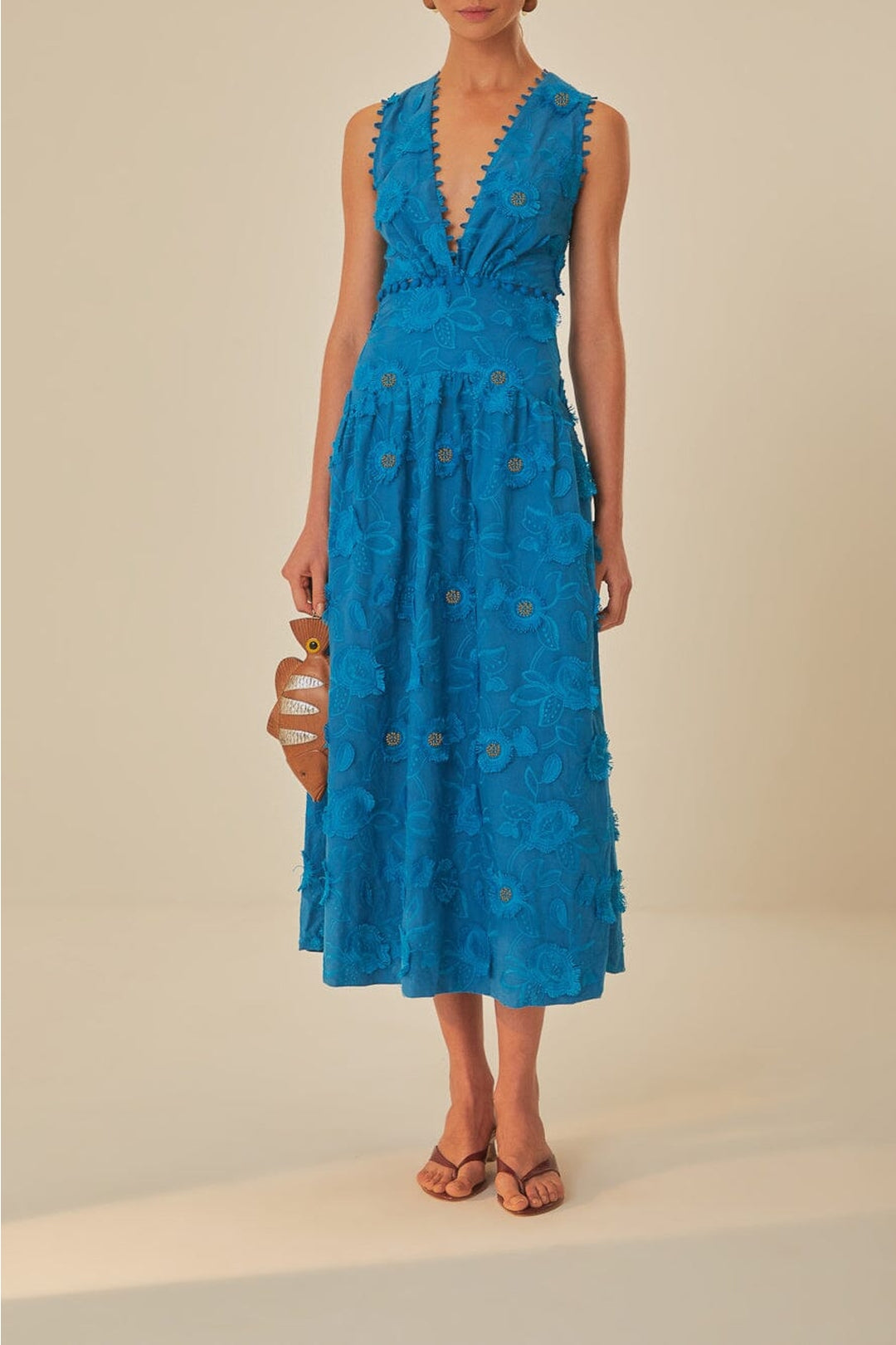 Robe longue à fleurs et décolleté en coton - Bleu